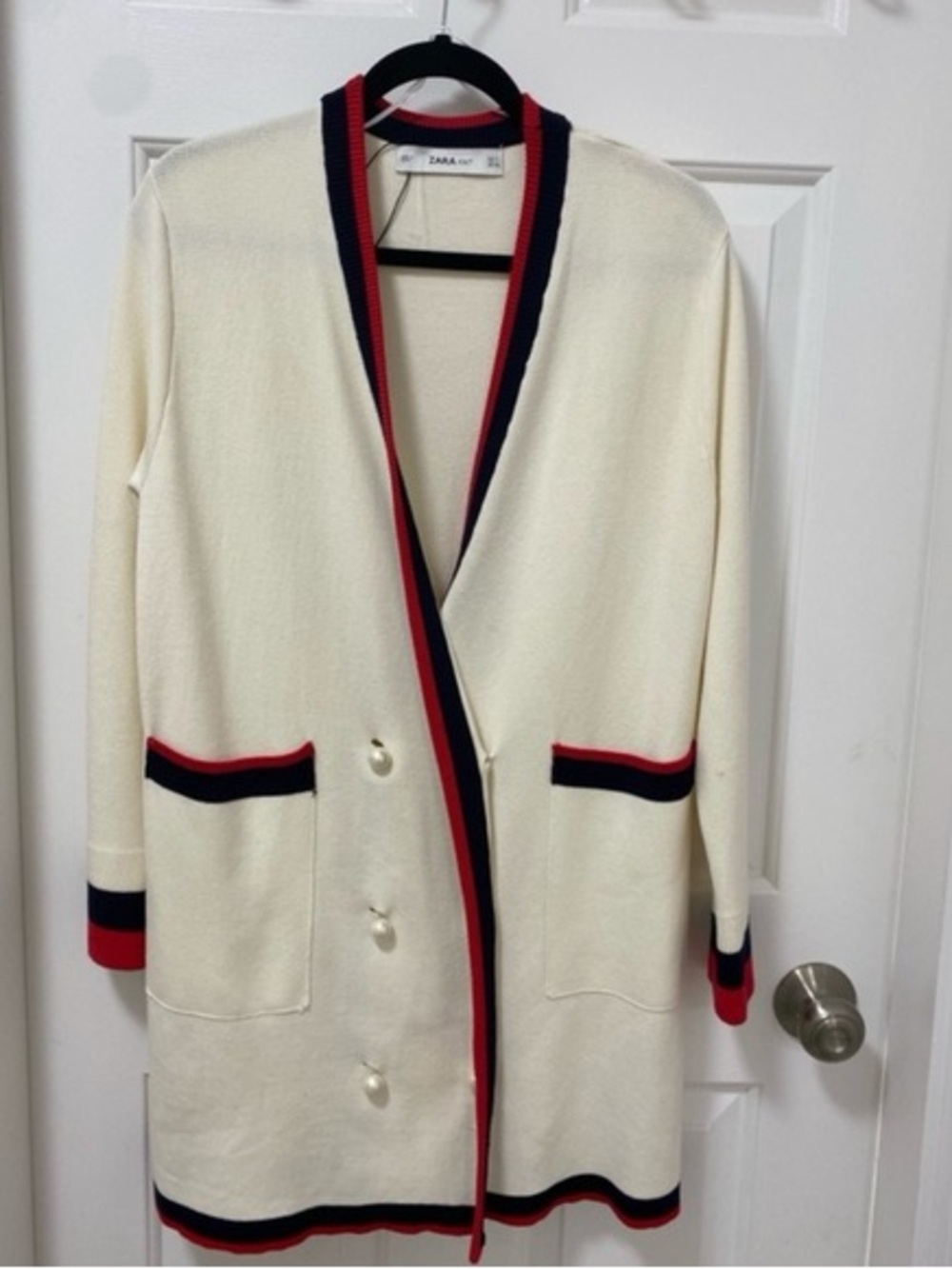 Zara Cream Cardigan with Navy and Red Trim